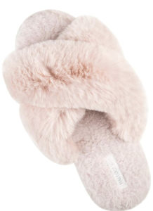 Pink fleece slippers.