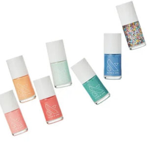 pink nail polish, yellow nail polish, peach nail polish, mint nail polish, rainbow nail polish.