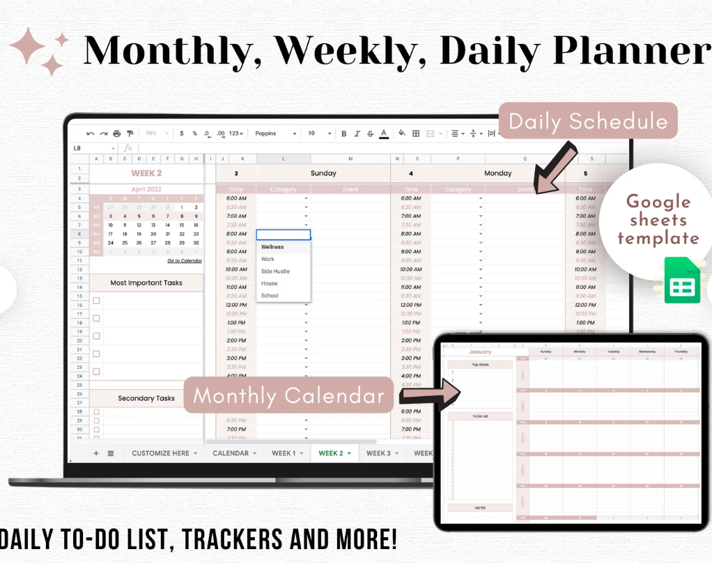 google sheets monthly, weekly, and daily planner.