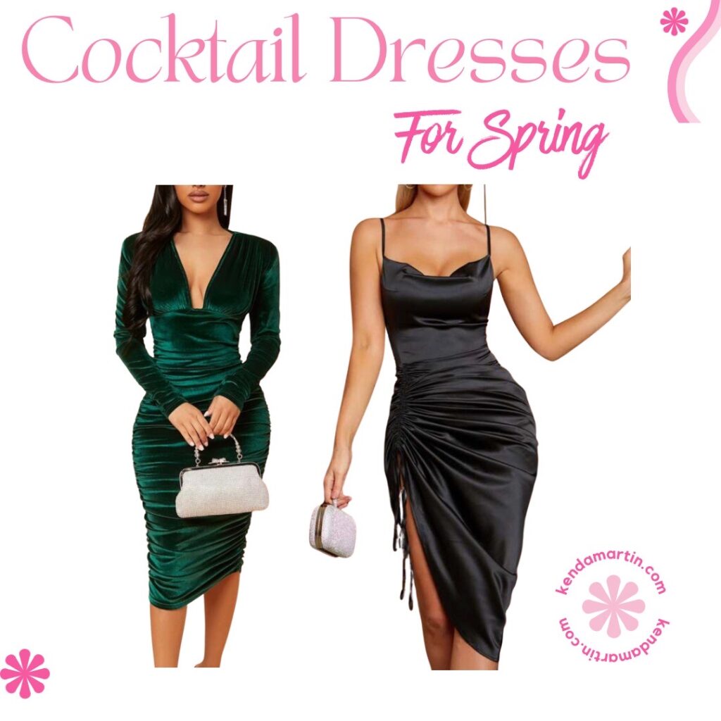 cocktail dresses for spring, black dress, and green dress